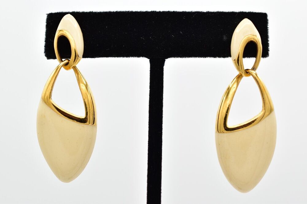 Napier Vintage Dangle Earrings Cream Off White Enamel Gold Signed 1980s BinBF